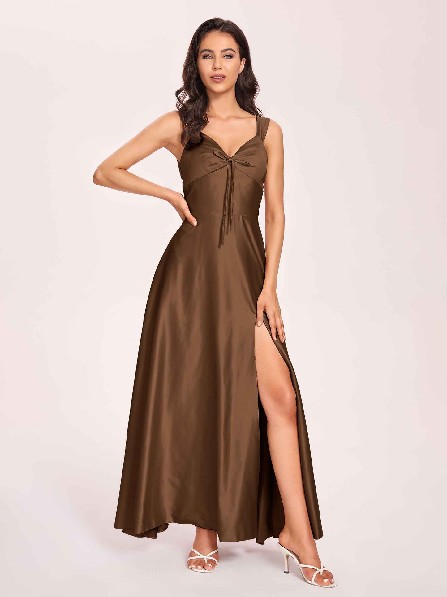 Satin V-neck A-line Prom Dresses Side slit Floor Length