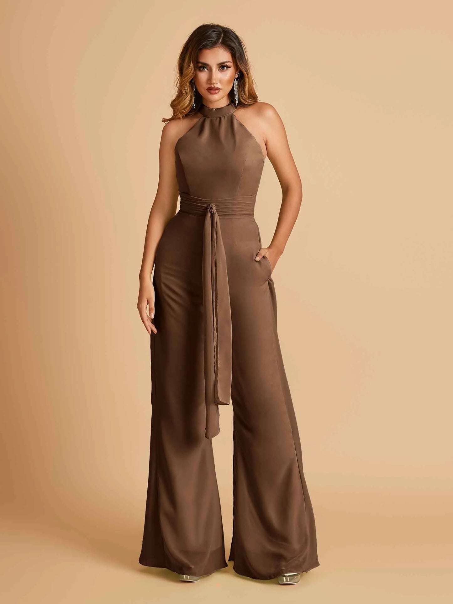 Chiffon Bridesmaid Jumpsuit Jewel Neck Sleeveless Floor Length With Pockets For Sale