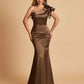 Satin One-shoulder Bridesmaid Dresses Ruffle Sleeves Mermaid Floor Length For Sale