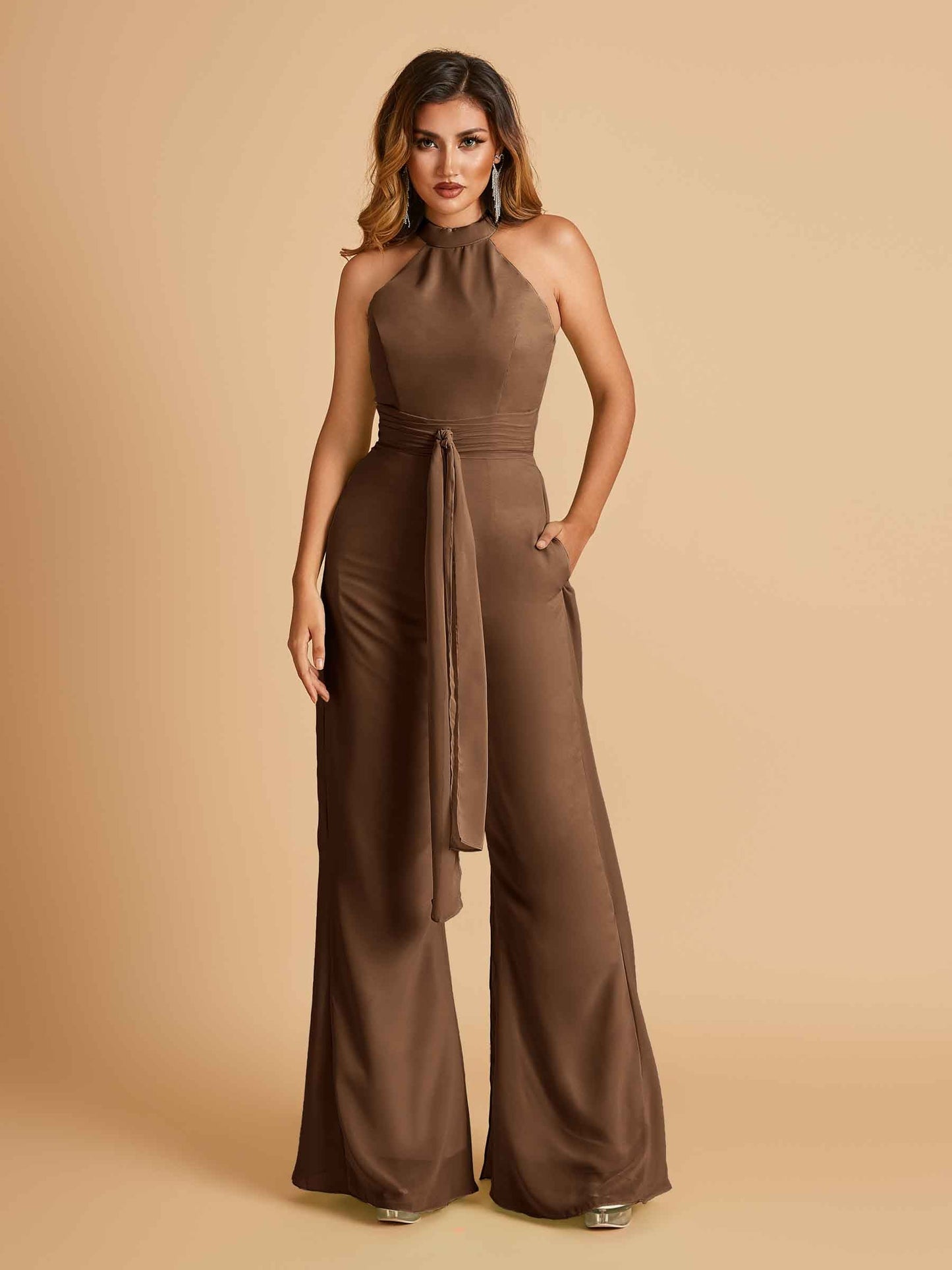 Chiffon Prom Jumpsuit Jewel Neck Sleeveless Floor Length With Pockets
