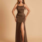 Satin Mermaid Long Bridesmaid Dresses Spaghetti Straps Scoop Side Slit Criss-cross Back