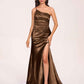Satin One-shoulder Mermaid Prom Dresses Side Slit Pleats Floor Length