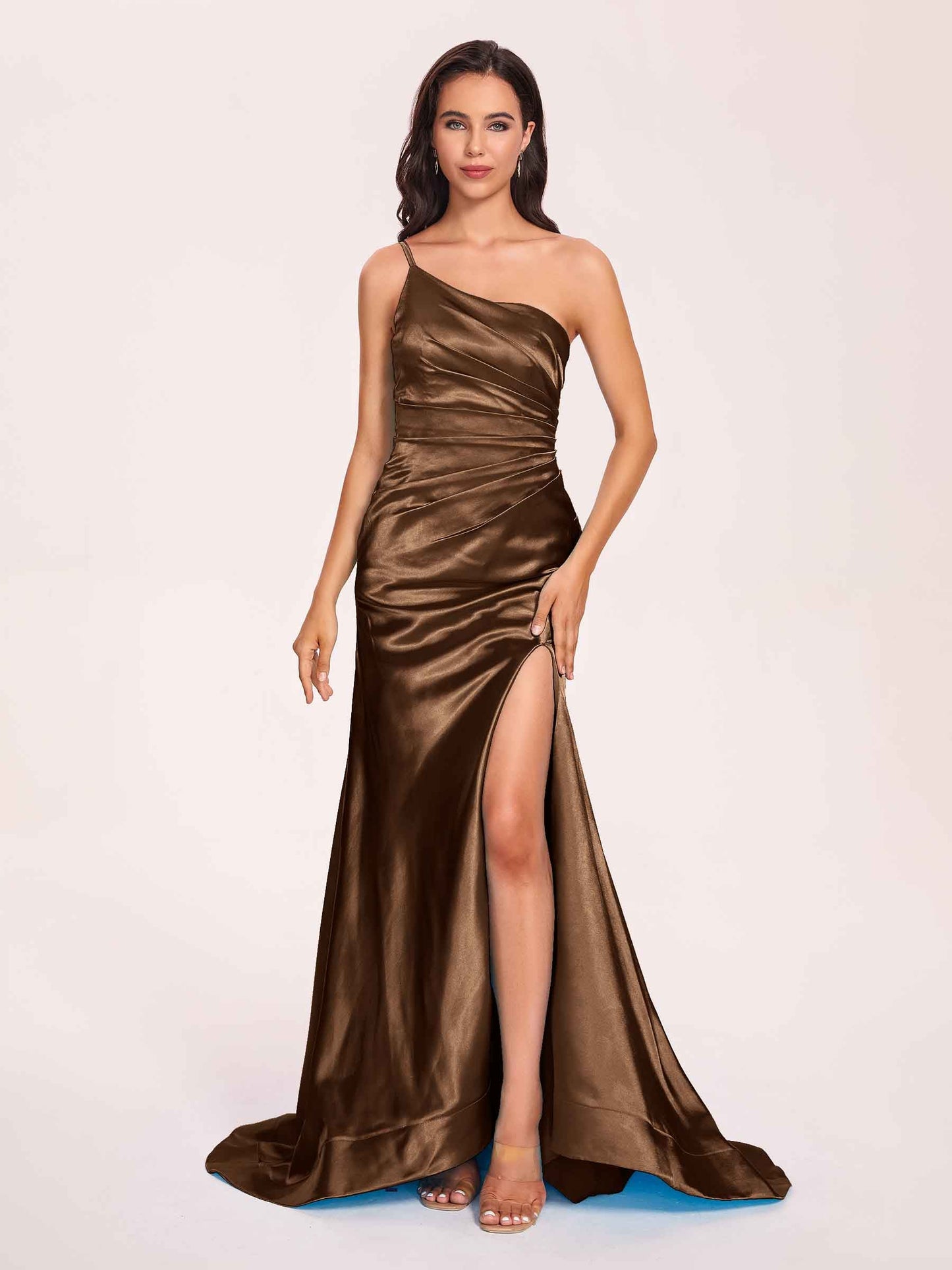 Satin One-shoulder Mermaid Prom Dresses Side Slit Pleats Floor Length