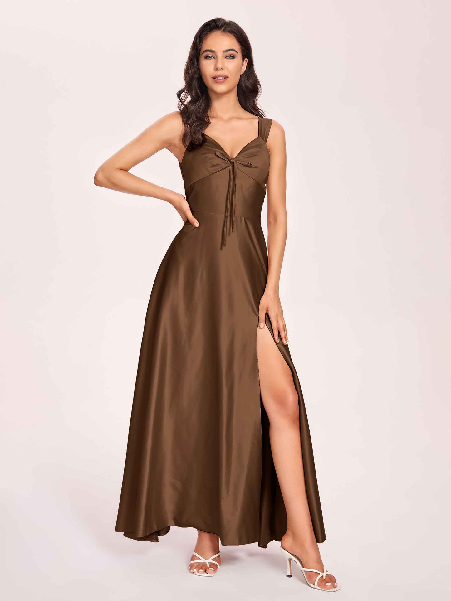 Satin V-neck A-line Bridesmaid Dresses Side slit Floor Length