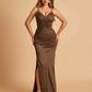 Satin Mermaid Long Prom Dresses Spaghetti Straps V-neck Side Slit Floor Length