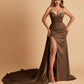 Sexy Satin Sheath Bridesmaid Dresses Spaghetti Straps Sweetheart Side Slit With Train