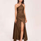 Sexy Satin Halter Strap Sheath Bridesmaid Dresses Side Slit Pleats Floor Length