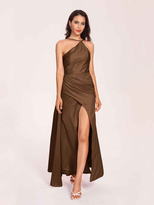 Sexy Satin Halter Strap Sheath Bridesmaid Dresses Side Slit Pleats Floor Length