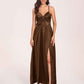 Satin Spaghetti Straps A-line Bridesmaid Dresses Side Slit Floor Length
