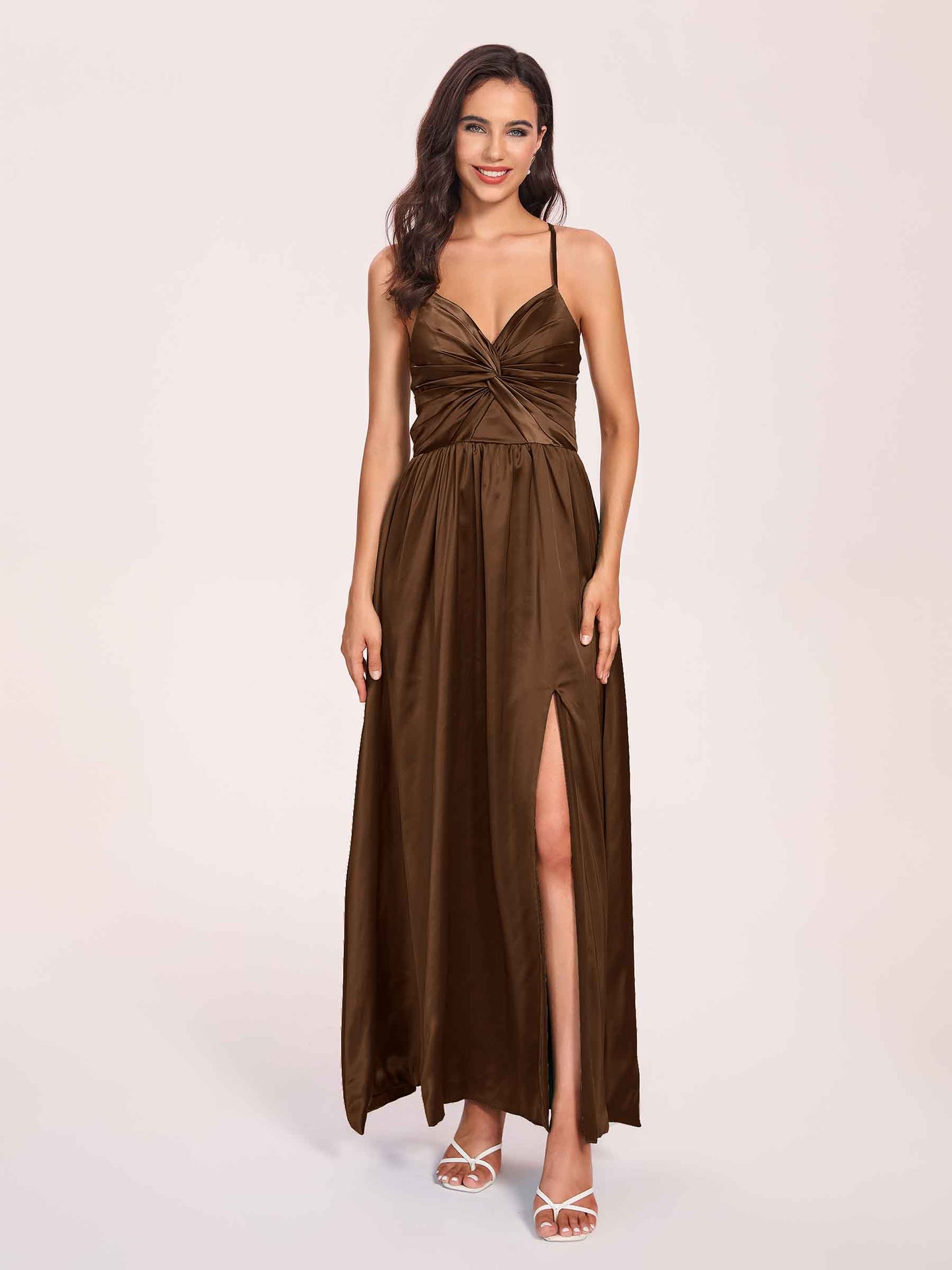 Satin Spaghetti Straps A-line Bridesmaid Dresses Side Slit Floor Length