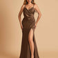 Sexy Satin Sheath Bridesmaid Dresses Spaghetti Straps V-neck Side Slit Floor Length