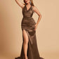 Sexy Satin Open Back Bridesmaid Dresses Mermaid V-neck Side Slit With Train