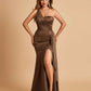 Satin One Shoulder Mermaid Prom Dresses Side Slit Floor Length