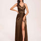 Sexy Satin A-line Prom Dresses Spaghetti Straps Side Slit V-neck Floor Length