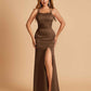 Satin Mermaid Long Bridesmaid Dresses Spaghetti Straps Scoop Side Slit Criss-cross Back For Sale