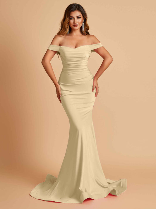 Jersey Mermaid Bridesmaid Dresses Off Shoulder Sweetheart Pleats Floor Length