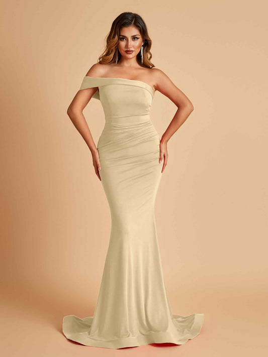 Sexy Jersey One Shoulder Bridesmaid Dresses Mermaid Pleats Floor Length Unique