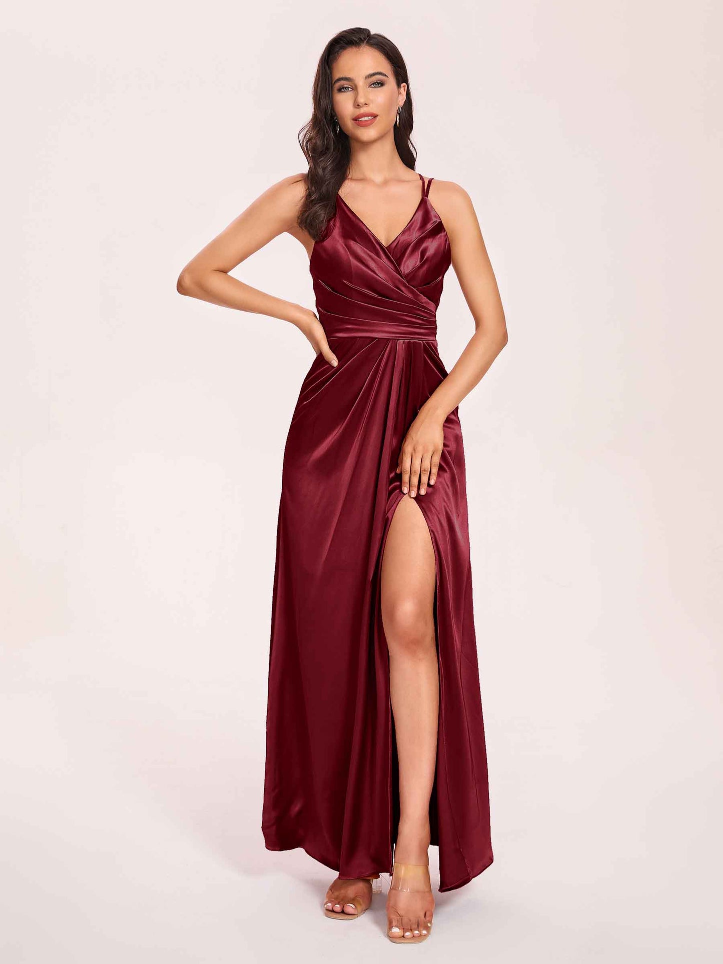 Sexy Satin A-line Bridesmaid Dresses Spaghetti Straps Side Slit V-neck Floor Length