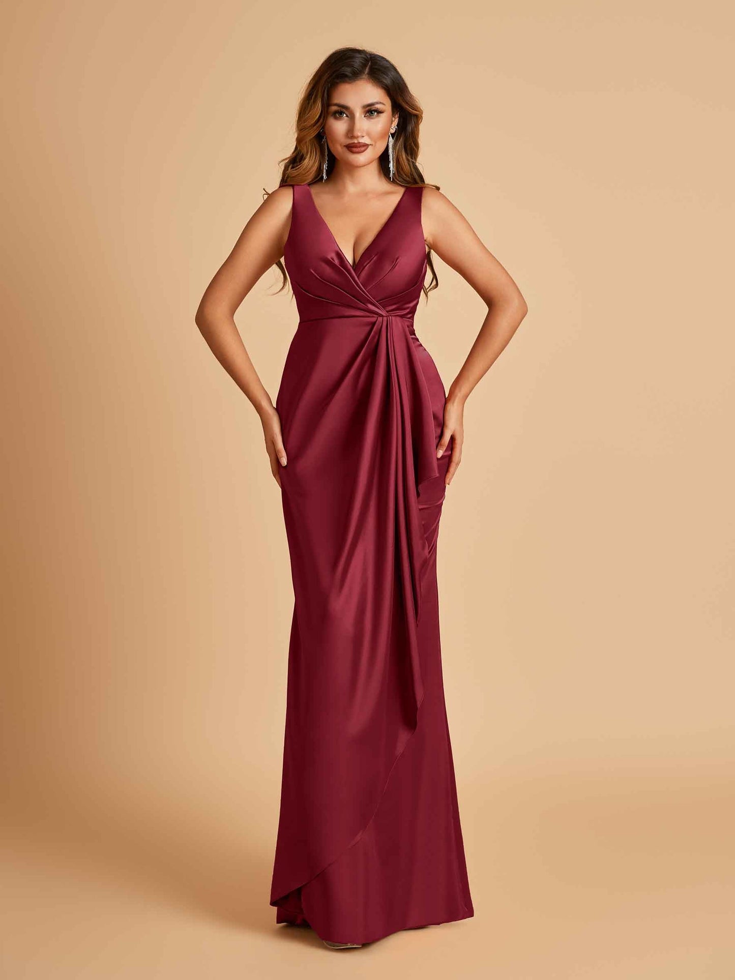 Sexy Satin Sheath V-neck Prom Dresses Strapless Floor Length
