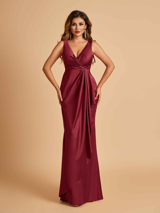 Sexy Satin Sheath V-neck Prom Dresses Strapless Floor Length