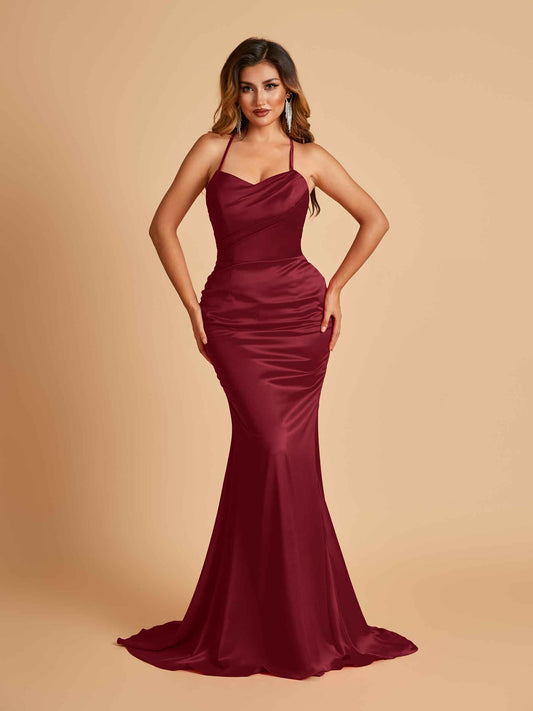 Sexy Satin Mermaid Bridesmaid Dresses Spaghetti Straps Scoop Criss-cross Back