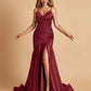 Sexy Satin Mermaid Open Back Prom Dresses Spaghetti Straps V-neck Side Slit