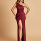 Satin One-shoulder Bridesmaid Dresses Sheath Side Slit Sleeveless Floor Length