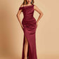 Unique Satin One Shoulder Prom Dresses Side Slit Half Open Back Floor Length