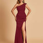 Satin One-shoulder Bridesmaid Dresses Mermaid Side Slit Sleeveless Floor Length