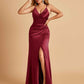 Sexy Satin Sheath Prom Dresses Spaghetti Straps V-neck Side Slit Pleats Floor Length