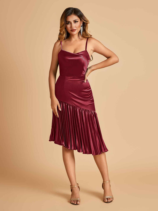 Sexy Satin Midi Asymmetrical Bridesmaid Dresses Spaghetti Straps Mermaid With Ruffles