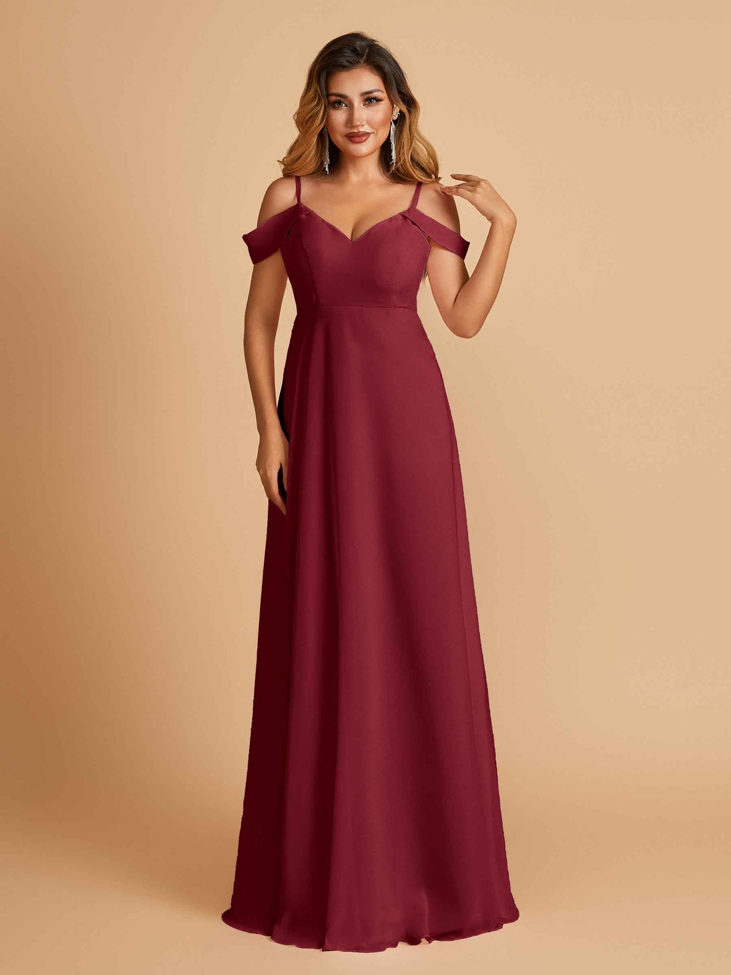 Chiffon Off-shoulder Long Bridesmaid Dresses V-neck Floor Length A-line For Sale