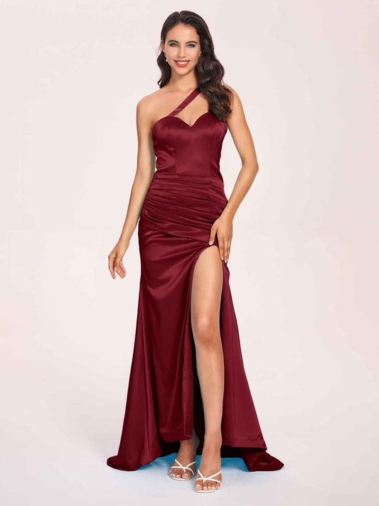 Sexy Satin One-shoulder Prom Dresses Side Slit Sheath Floor Length Long