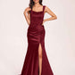 Sexy Satin Square Mermaid Bridesmaid Dresses Pleats Side-Slit Floor-Length Sleeveless
