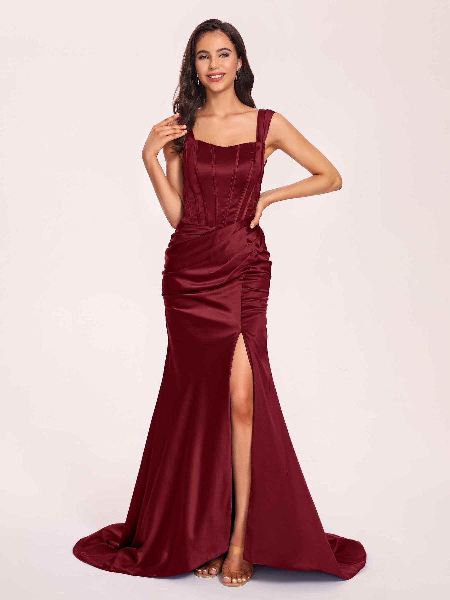 Sexy Satin Square Mermaid Bridesmaid Dresses Pleats Side-Slit Floor-Length Sleeveless