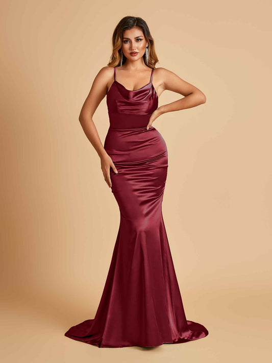 Satin Mermaid Open Back Prom Dresses Spaghetti Straps Scoop Floor Length
