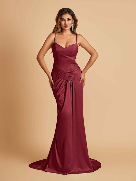 Satin Mermaid Sweetheart Prom Dresses Spaghetti Straps With Pleats Floor Length