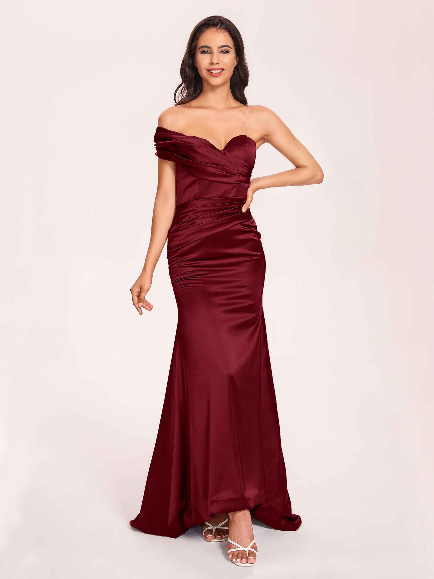 Satin One-shoulder Bridesmaid Dresses Pleats Floor Length Mermaid Long