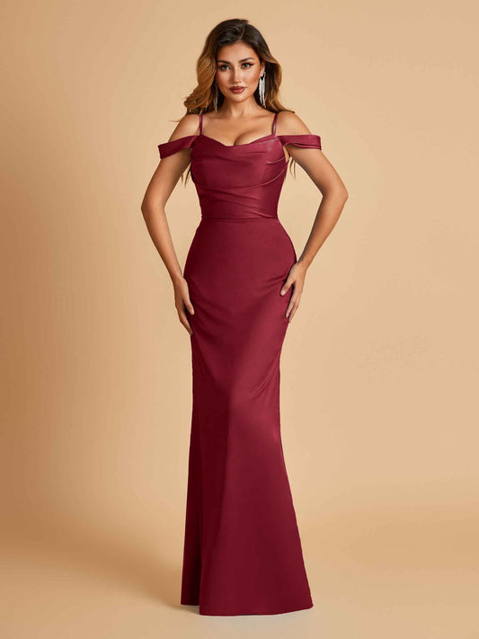 Sexy Off Shoulder Mermaid Long Prom Dresses Satin Spaghetti Straps Floor Length