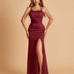 Satin Mermaid Long Bridesmaid Dresses Spaghetti Straps Scoop Side Slit Criss-cross Back