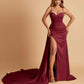 Sexy Satin Sheath Prom Dresses Spaghetti Straps Sweetheart Side Slit With Train