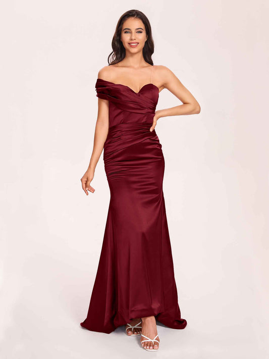 Satin One-shoulder Prom Dresses Pleats Floor Length Mermaid Long