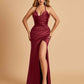 Sexy Satin Halter Straps Sheath Bridesmaid Dresses Side Slit Pleats Floor Length