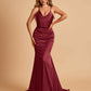 Sexy Satin Mermaid Prom Dresses Spaghetti Straps V-neck Pleats Floor Length