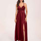 Satin Spaghetti Straps A-line Bridesmaid Dresses Side Slit Floor Length