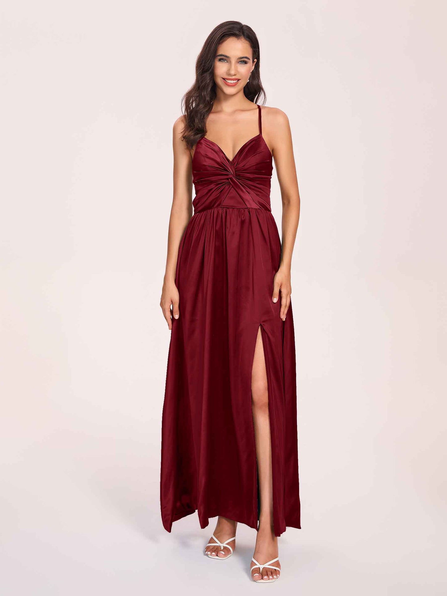 Satin Spaghetti Straps A-line Bridesmaid Dresses Side Slit Floor Length