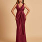 Sexy Satin Sheath V-neck Bridesmaid Dresses Strapless Floor Length