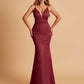 Satin Deep V-neck Mermaid Prom Dresses Open Back Floor Length