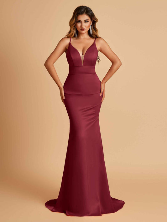 Satin Deep V-neck Mermaid Prom Dresses Open Back Floor Length
