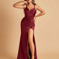 Satin Spaghetti Straps Long Prom Dresses V-neck Side Slit Criss-cross Back Sheath